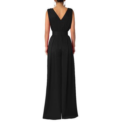 Solid Color And V-neck High Waist Wide Leg Jumpsuit