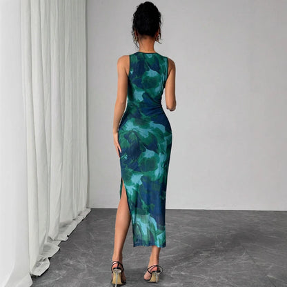 New Women's Sleeveless Printed Mesh Tight Dress