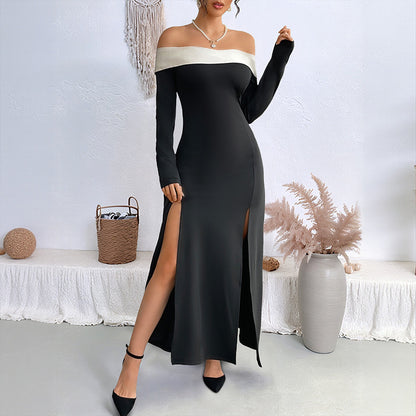Female One Shoulder Patchwork Slim Long Dress