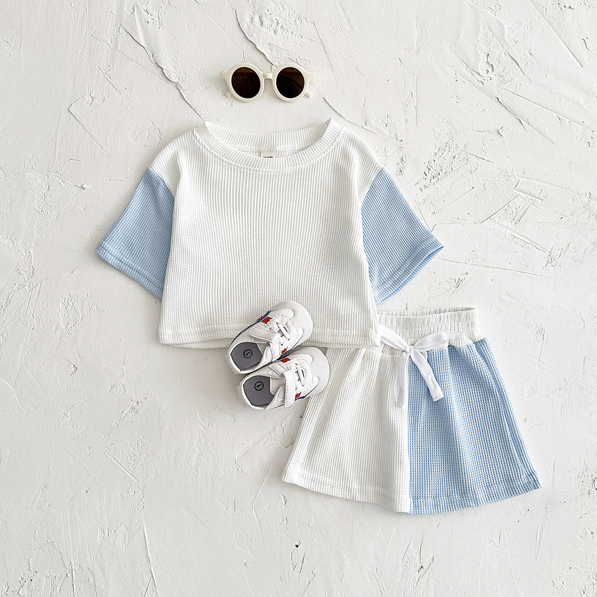 Waffle Stitching Short Sleeve Suit Korean Children Baby Two-piece Suit