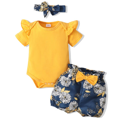 Spring And Autumn Yellow Short Sleeve Romper Floral Shorts Headscarf Three-piece Set