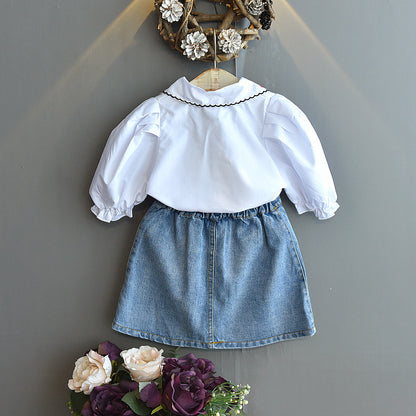 Girls Embroidery Doll Collar Bubble Short Sleeve Shirt Denim Skirt Set