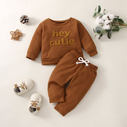 Waffle Solid Color Letter Long Sleeve Top Trousers Suit