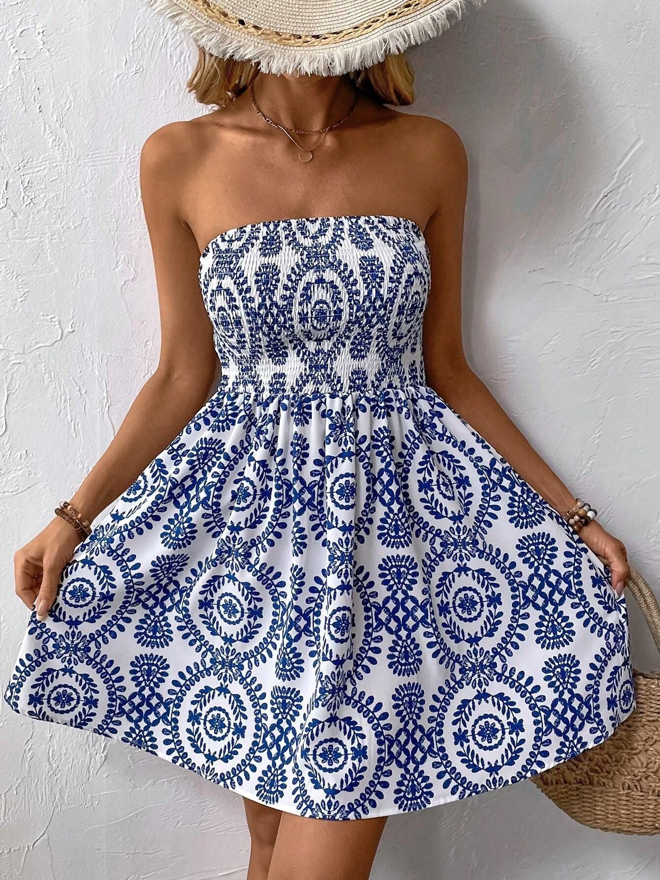 Elegant Fashion Blue Printed Tube Top Dress