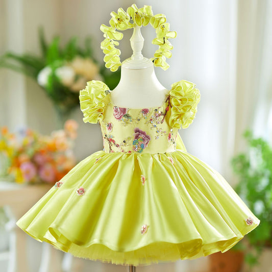 Yellow Flying Sleeves Heavy Industry Umbrella Princess Dress Little Girl's Birthday Dress