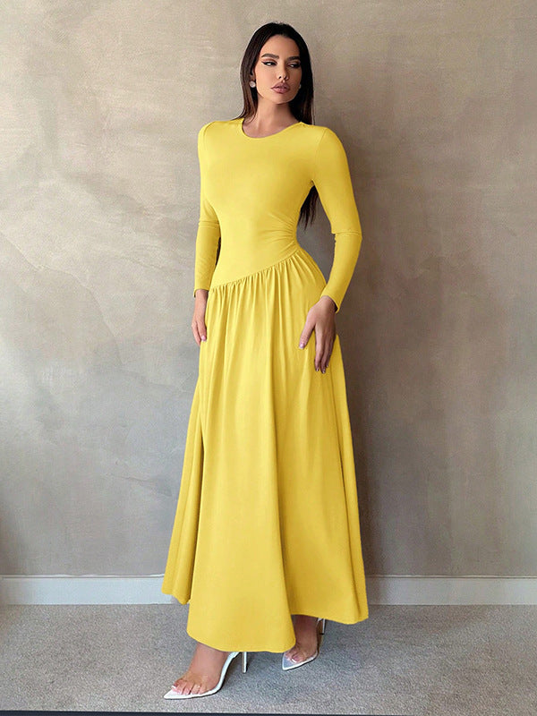 Base Pleated Solid Color Long Dress