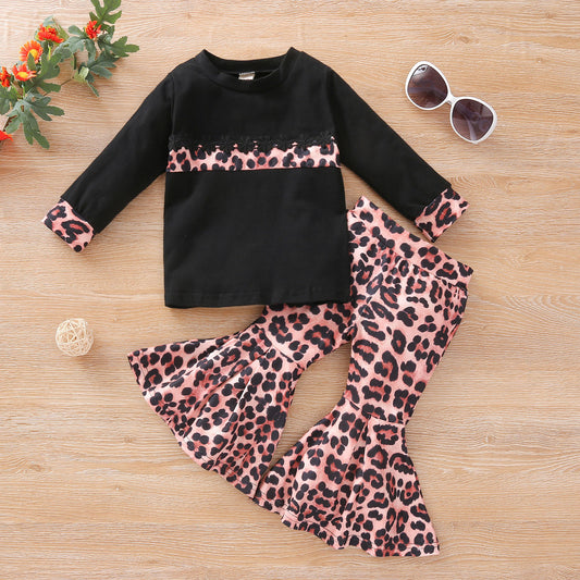 Girls Stitching Long-sleeved T-shirt Leopard Print Flared Pants Suit