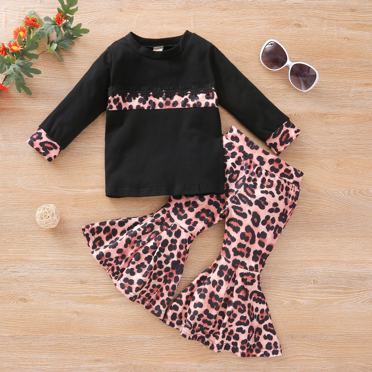 Girls Stitching Long-sleeved T-shirt Leopard Print Flared Pants Suit
