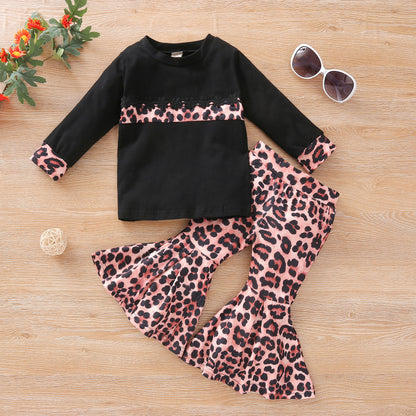 Girls Stitching Long-sleeved T-shirt Leopard Print Flared Pants Suit