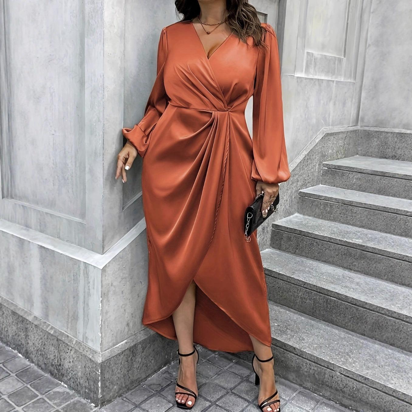 New Solid Color Long Sleeve V-neck Plus Size Women's Dress