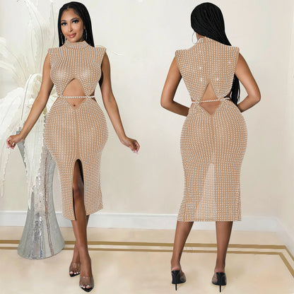Fashion Mesh See-through Hot Rhinestone Hollow Split Dress Women's Clothing