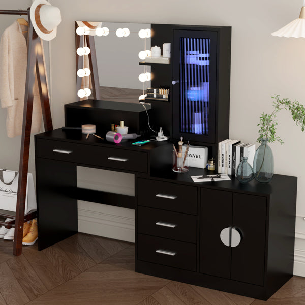 3-door, 4-drawer, Dressing Table, With Sockets, With Tri-tone Light Bulbs, With GRB Light Strip, Combination Cabinet