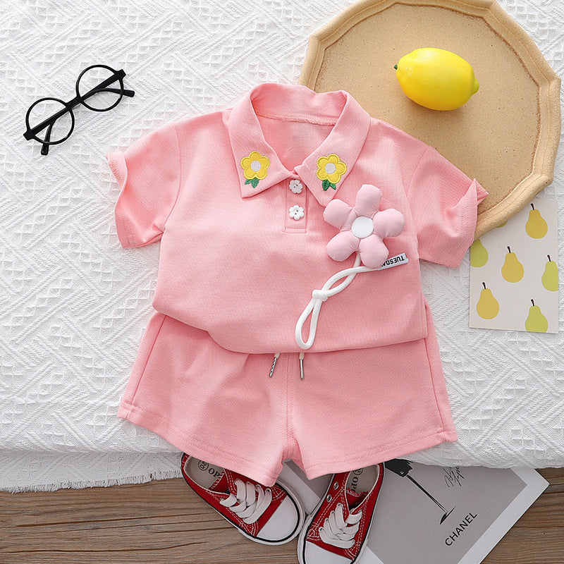 Girls' Summer Cotton Short-sleeved Shorts Suit