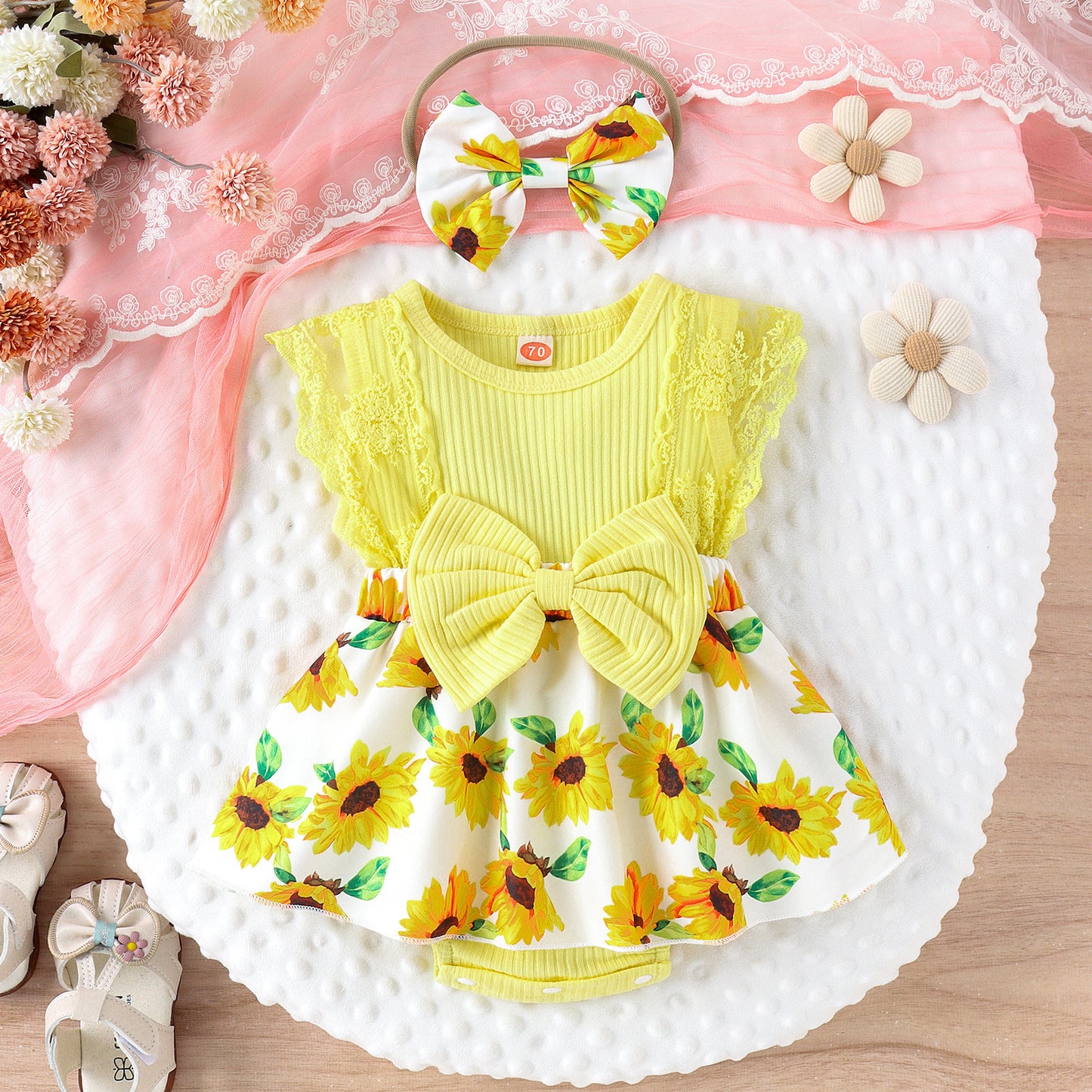 Baby Girl Cute Skirt Print Romper Headscarf