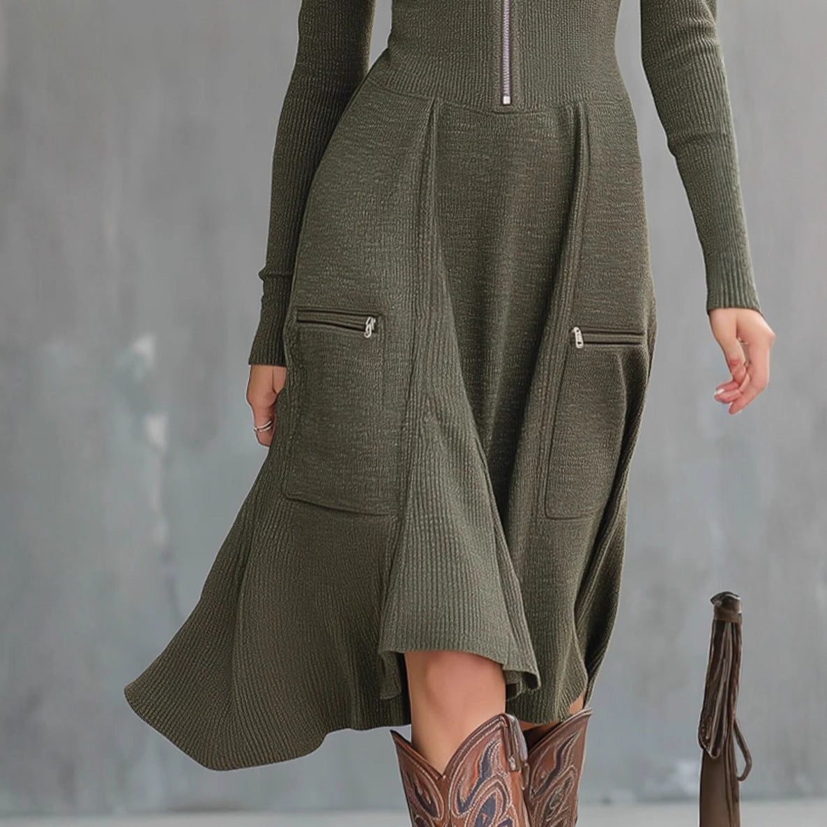 Zippered Pocket Long Sleeve Waist-cinching Dress