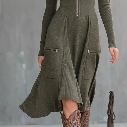 Zippered Pocket Long Sleeve Waist-cinching Dress