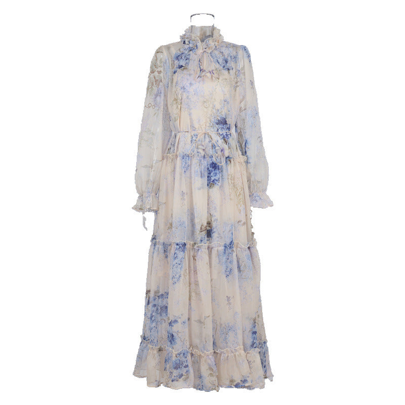 Niche Lilac Purple Lace-up Waist-controlled Long Sleeves Elegant Silk Crepe Dress