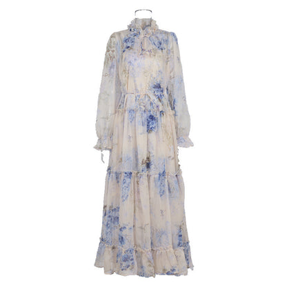 Niche Lilac Purple Lace-up Waist-controlled Long Sleeves Elegant Silk Crepe Dress