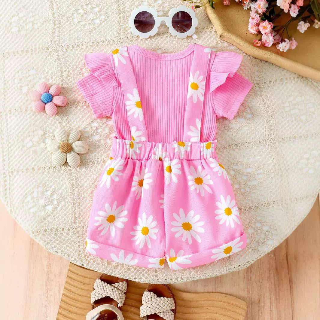 Pullover Romper Flower Print Suspender Pants Two-piece Set