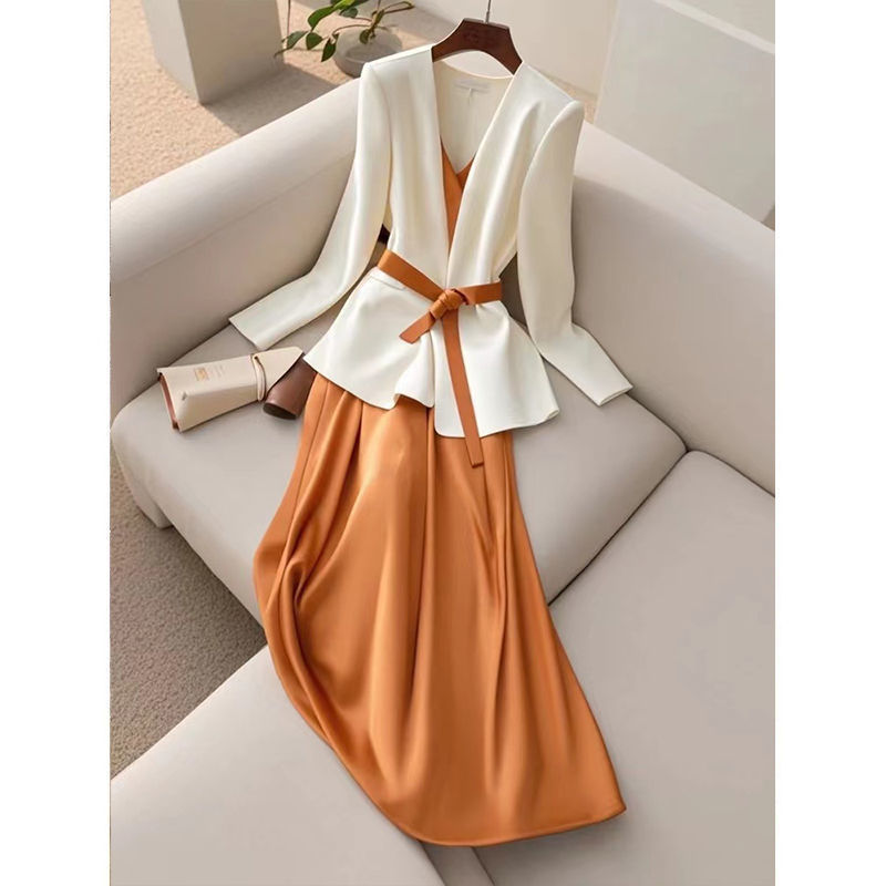 Two-piece Suit For Formal Occasions Elegant White Orange Suspender Skirt