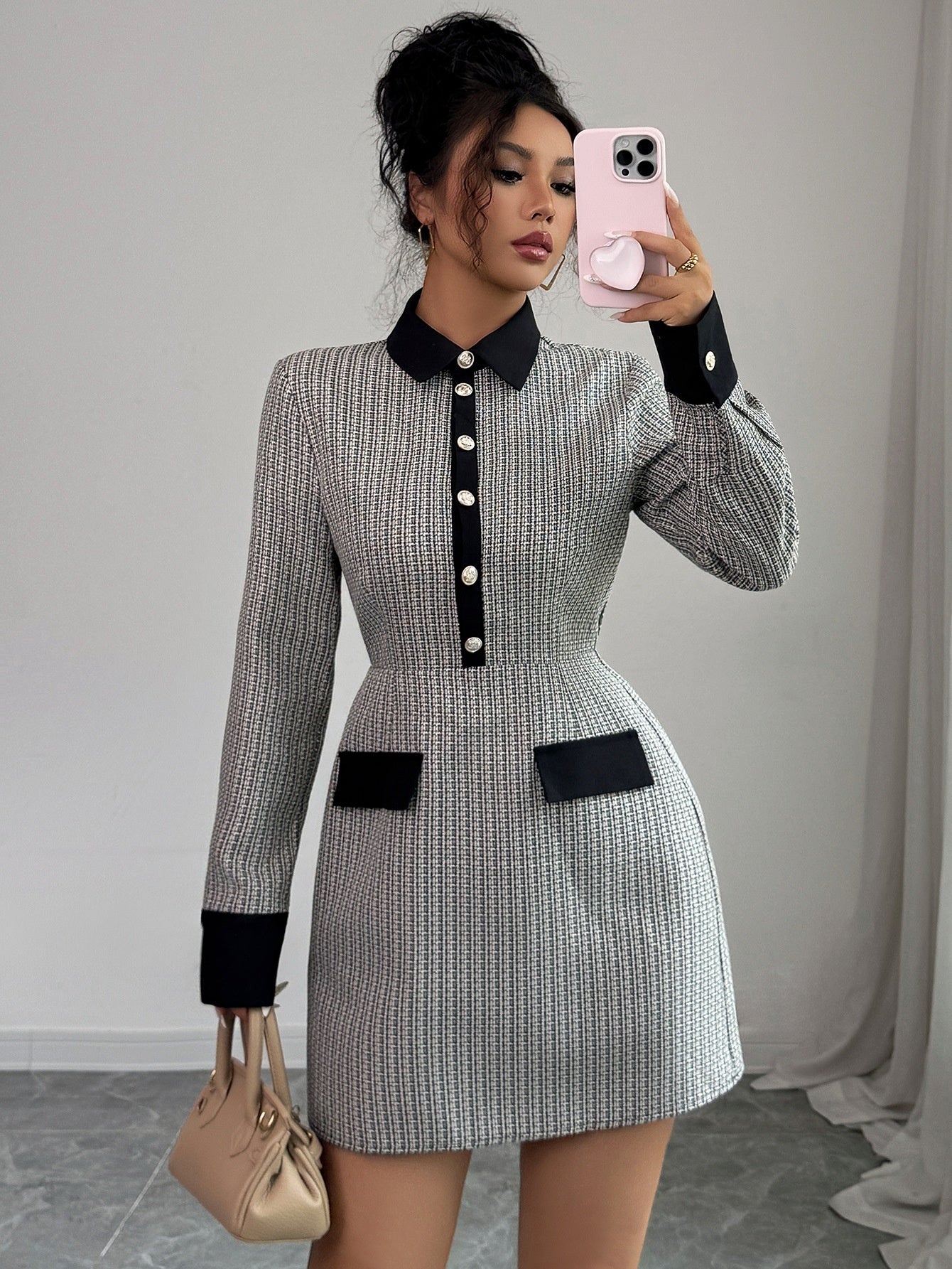 Button Long Sleeve Dress Plaid Women's Clothing