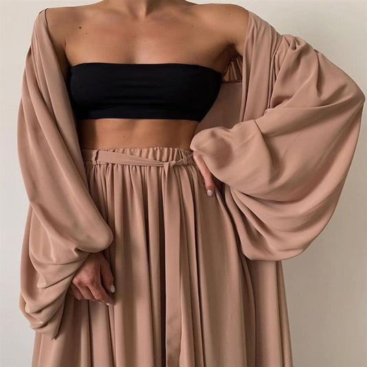 Three-piece Long Cardigan Tube Top Wide-leg Pants