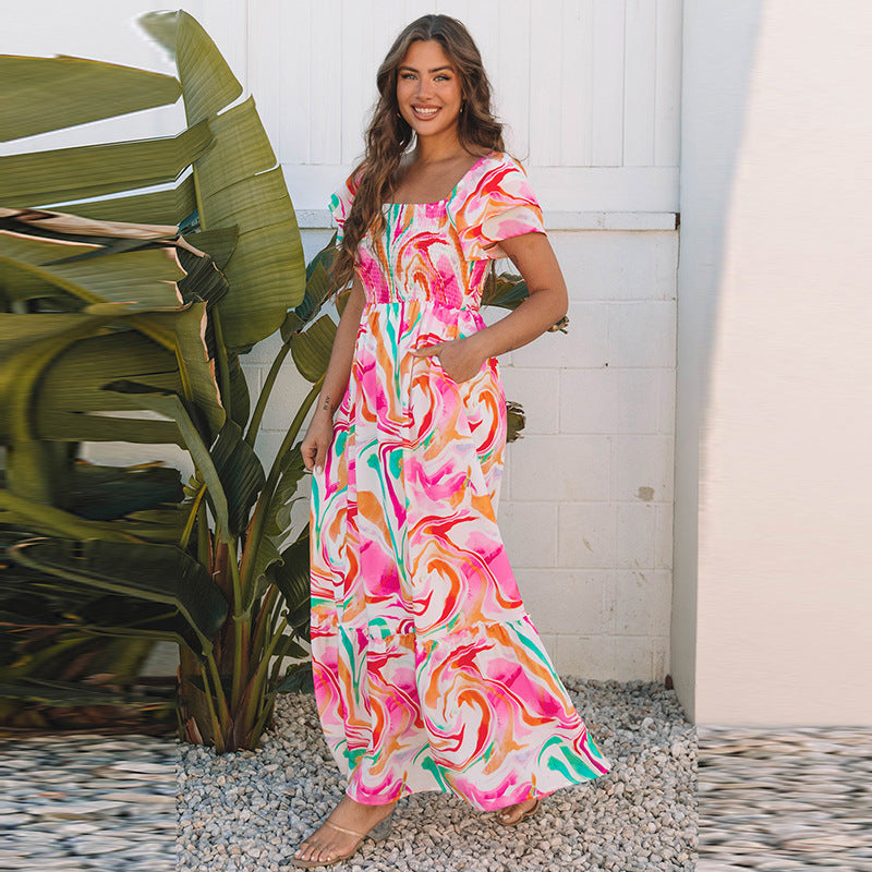 European And American Fashion All-match Abstract Printing High Waist Dress