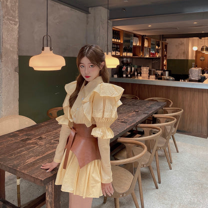 Yellow puff sleeve shirt waist dress