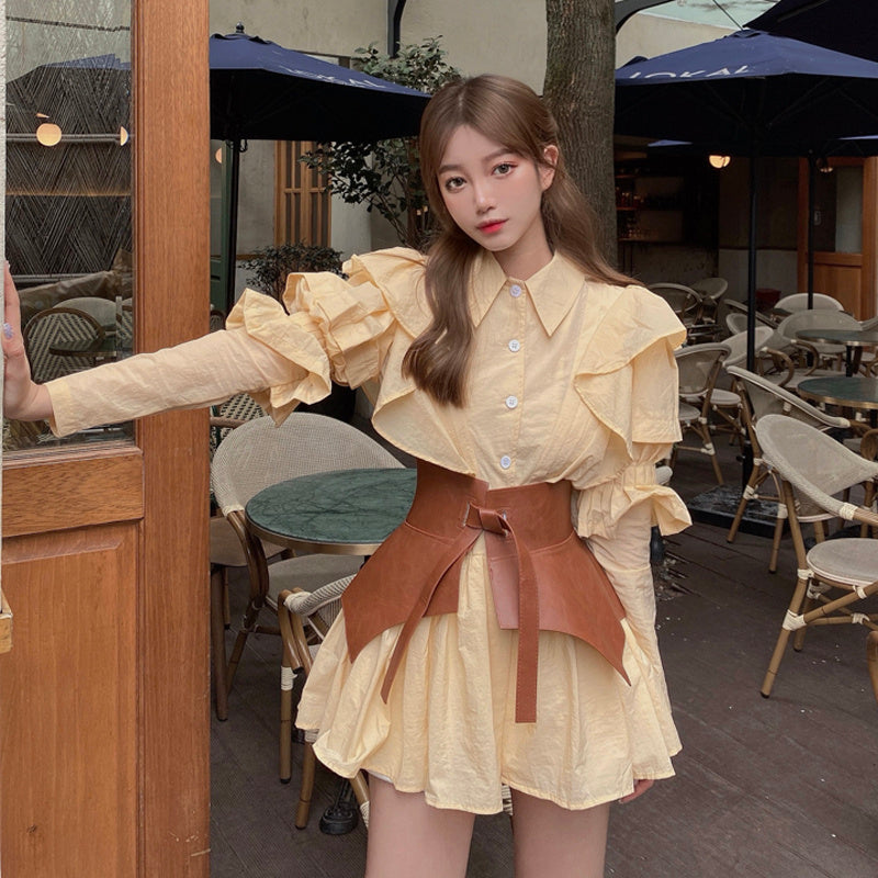 Yellow puff sleeve shirt waist dress