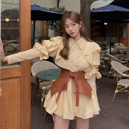 Yellow puff sleeve shirt waist dress