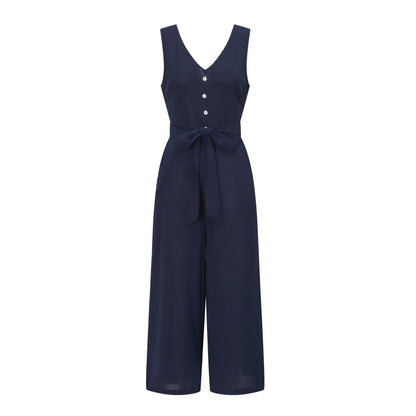 V-neck halter buttons with belt jumpsuit