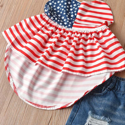 Girls' Spaghetti-strap Floral Print Jeans Suit