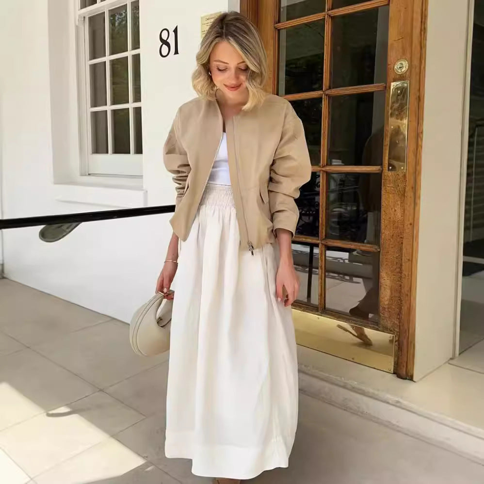 Zipped Round Neck Cargo Pocket Baggy Coat Women