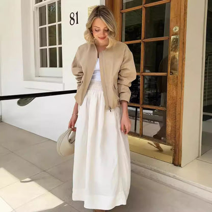 Zipped Round Neck Cargo Pocket Baggy Coat Women