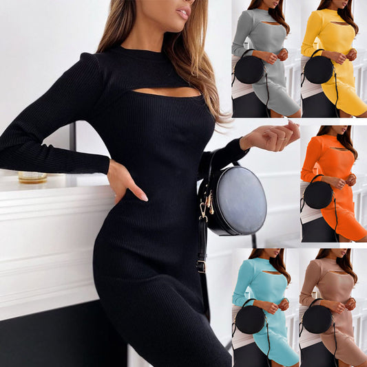 Chest Cutout Long Sleeve European And American Slim Dress