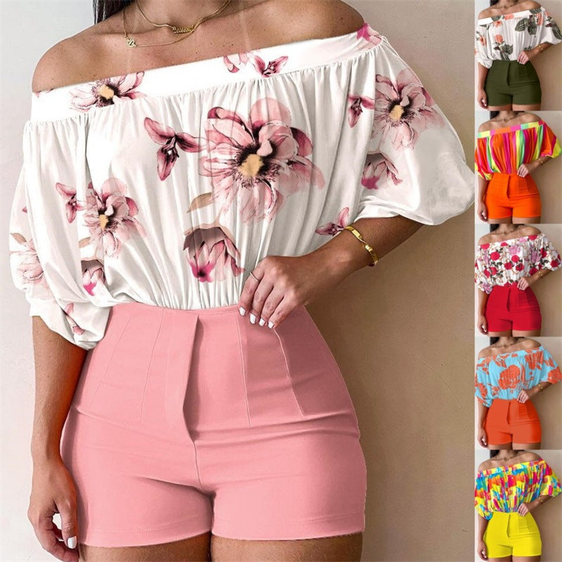 Women's Fashionable Elegant Floral Printed Top And Shorts Suit