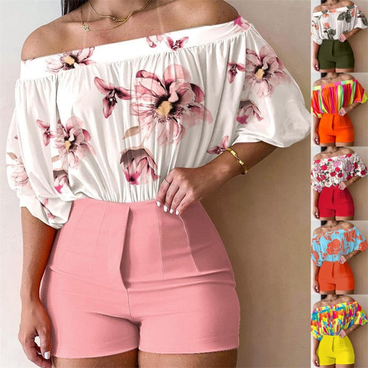 Women's Fashionable Elegant Floral Printed Top And Shorts Suit