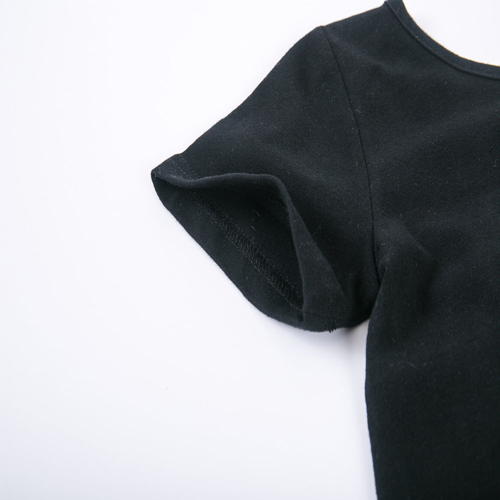 Girls new children's fashion tide black short T + striped fungus wide leg pants