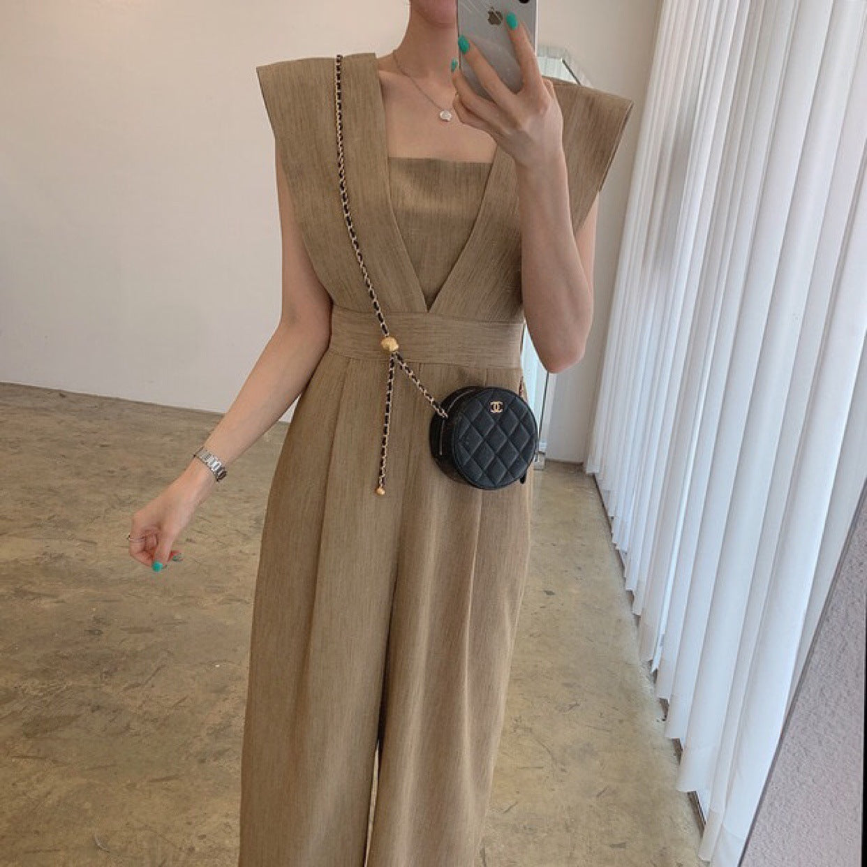 Women's Fashion Retro Temperament Square Collar High Waist Jumpsuit