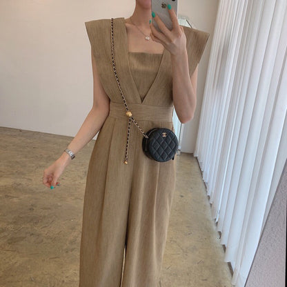 Women's Fashion Retro Temperament Square Collar High Waist Jumpsuit