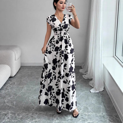 Short Sleeve Lace-up Dress Printed V-neck
