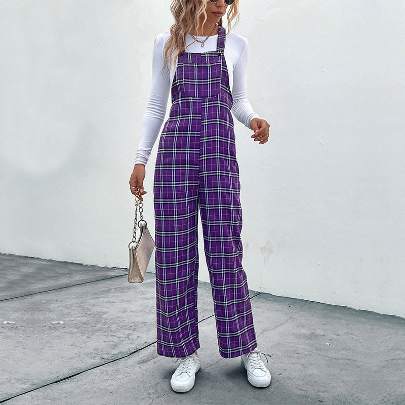 Plaid Spaghetti Straps Casual Jumpsuit Women's Clothing