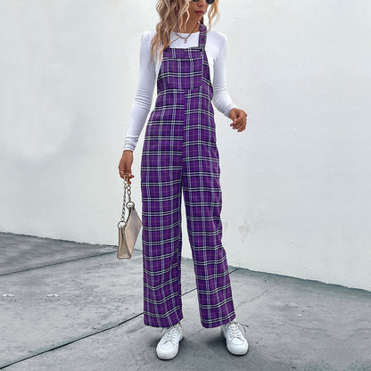 Plaid Spaghetti Straps Casual Jumpsuit Women's Clothing