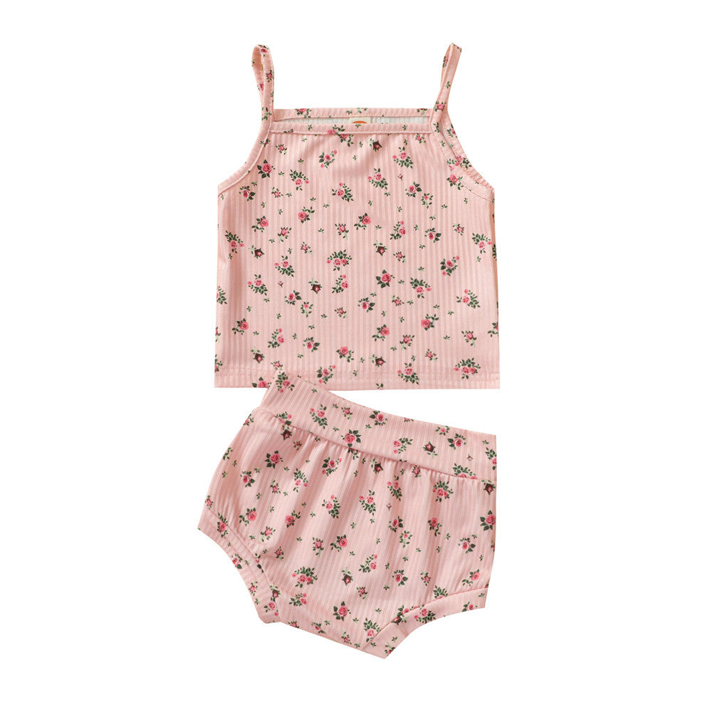 Girls Floral Pit Strip Sling Top Shorts Set