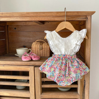 Baby Flounced Sleeve Suspender Fake Two Pieces Bottom-covering Rompers