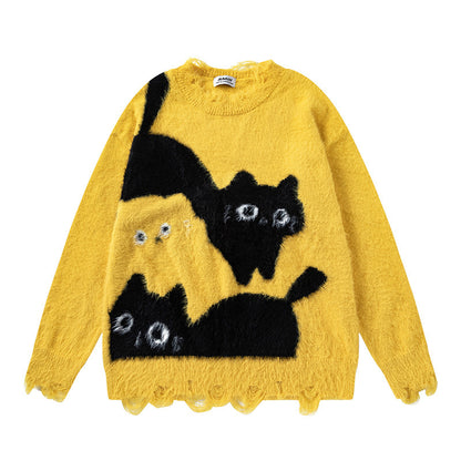 American Retro Plush Cat Ripped Tassel Design Sweater