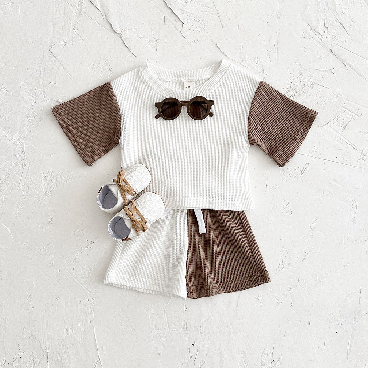 Waffle Stitching Short Sleeve Suit Korean Children Baby Two-piece Suit