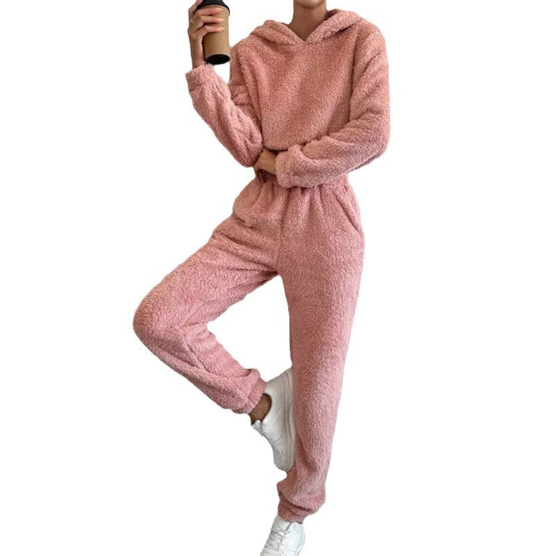 Autumn And Winter Women's Plush Hooded Long Sleeve Casual Suit