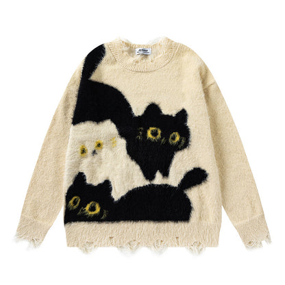 American Retro Plush Cat Ripped Tassel Design Sweater
