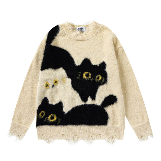 American Retro Plush Cat Ripped Tassel Design Sweater